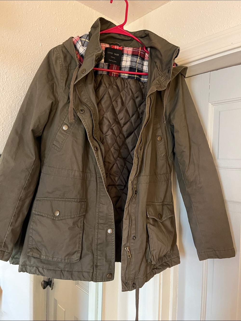 Love Tree Olive Green Hooded Utility Jacket with Plaid Trim